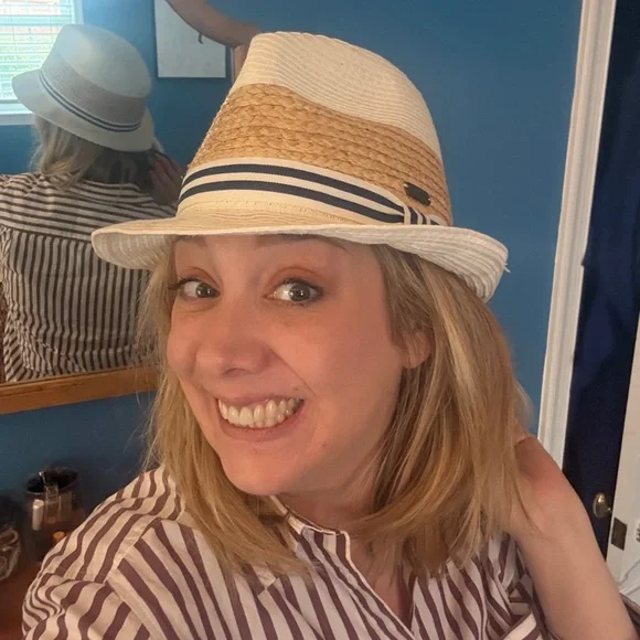 Striped Band Straw Fedora Hat - Cream & Tan - Picture 8 of 8